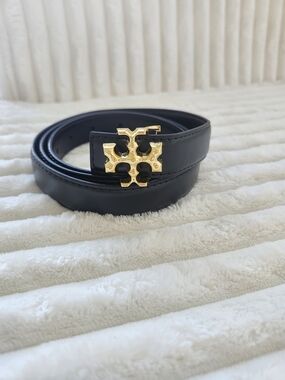 Tory Burch Black Leather Belt Gold Double T Logo Buckle